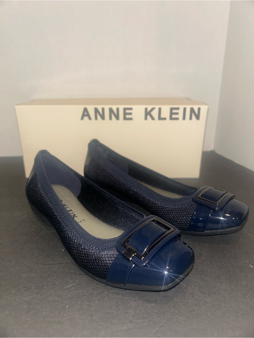 Anne Klein Navy Memory Foam Patent Trim Square-Toe Flats - Like New- Size 6M